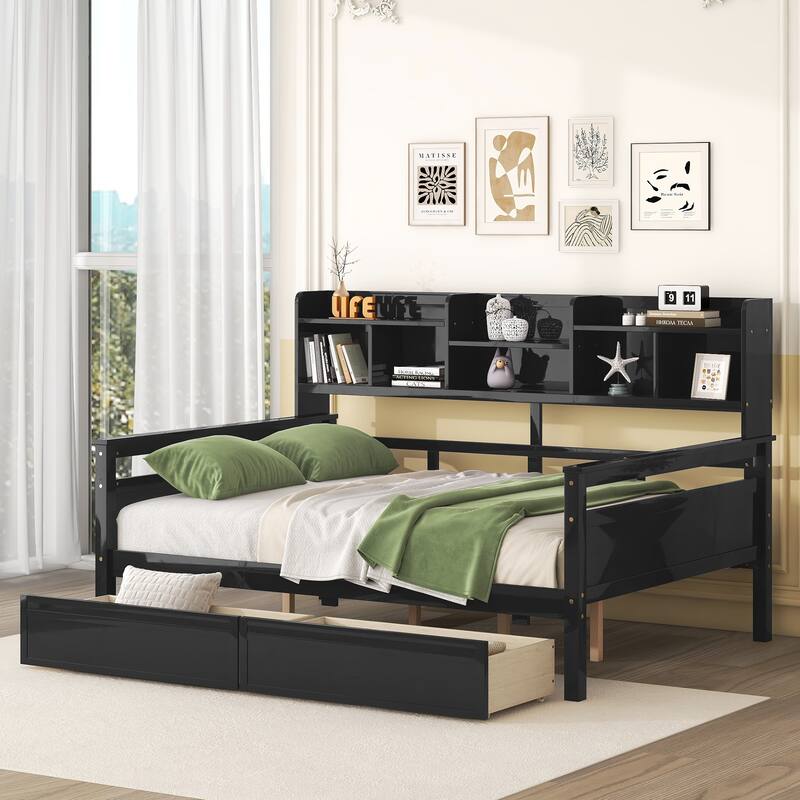 Twin/Full Size Daybed, Solid Wood Platform Sofa Bed Frame with Built In Bookshelves and Two Drawers