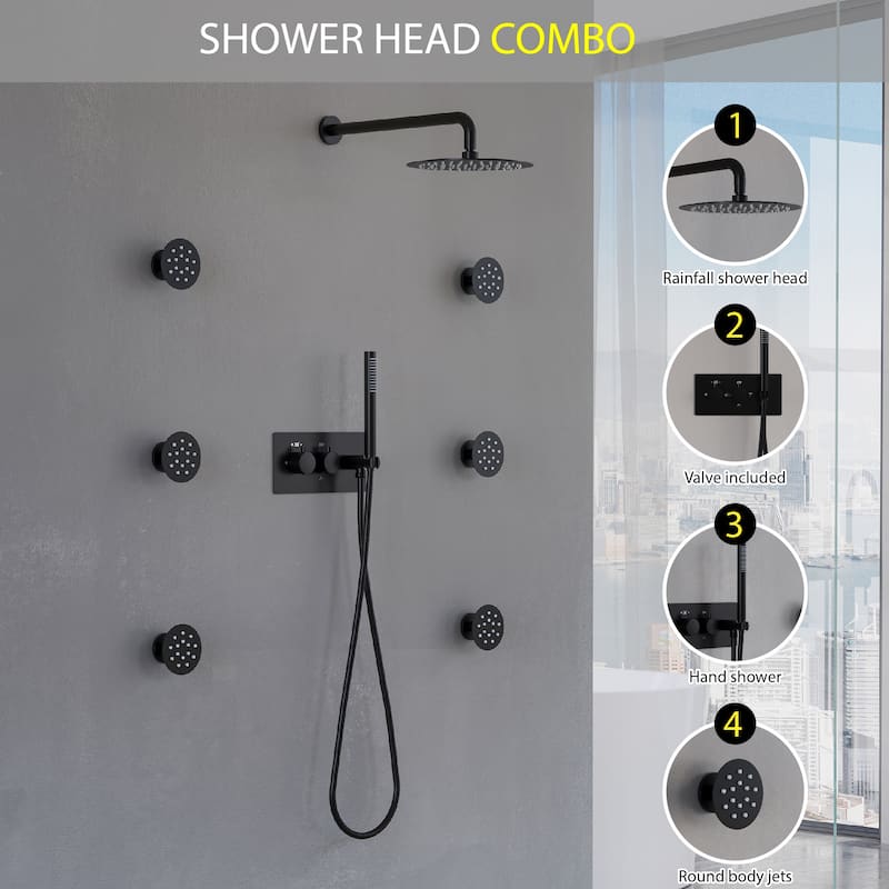 Thermostatic Shower System with 10" Ultra-Thin Round Shower Head,Body Jets And Hand Shower