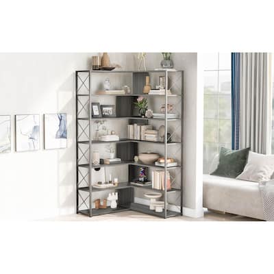 Industrial 7-Tier Bookshelf, L-Shaped Corner Bookcase with Metal Frame