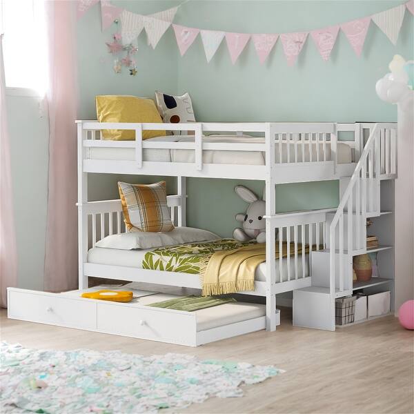 slide 2 of 36, Stairway Full-over-Full Bunk Bed with Twin size Trundle and Guard Rail for Bedroom White