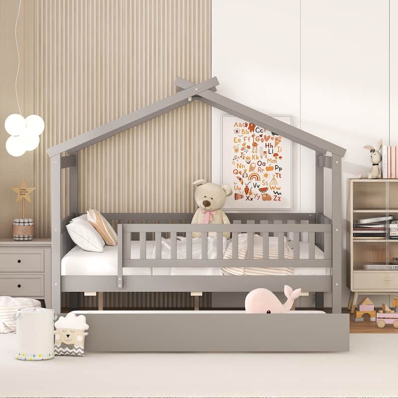 Wooden Twin/Full House Bed with Trundle and Headboard, Sky Roof Design, Durable Pine Wood