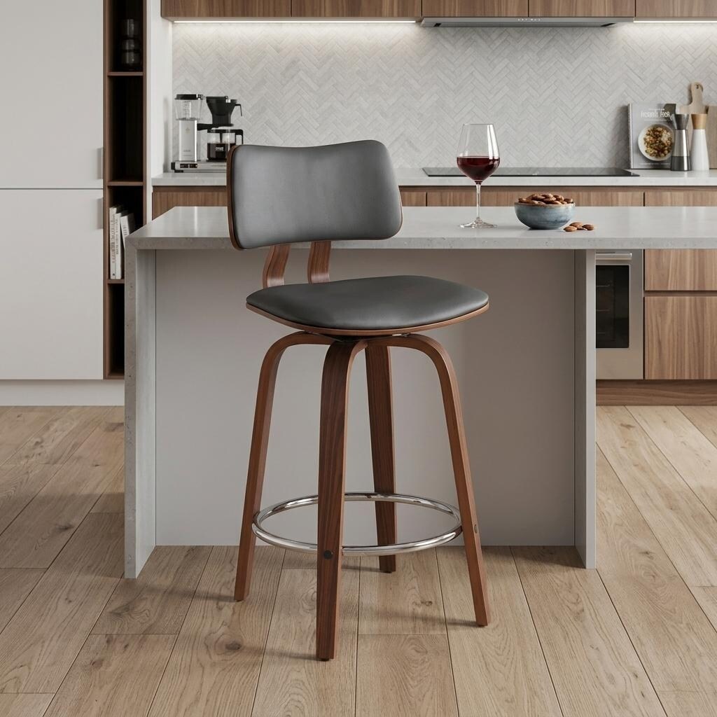 HomeRoots 26" Gray And Wood Brown Faux Leather Swivel Low Back Counter Height Bar Chair