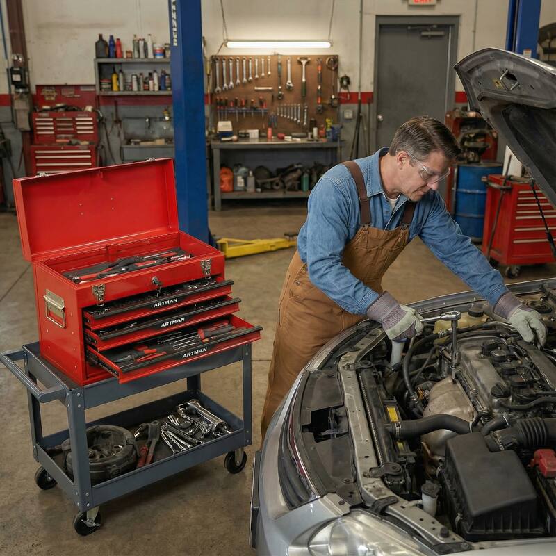 Anmytek Red 20 Inch Heavy Duty Steel Tool Box with Drawers and Metal Lock Closure Portable Tool Storage Chest and Organizer