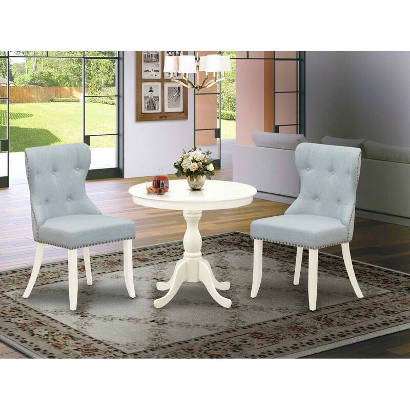 3-Piece Linen White Finish Solid Wood Top - Button Tufted Dining Room Set - Seats 4