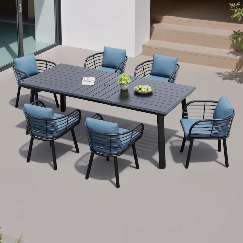 7/9-Piece Set Outdoor Aluminum Dining Table and Dining Chairs with Sunbrella Fabric Cushion - Spectrum Denim - Set of 7