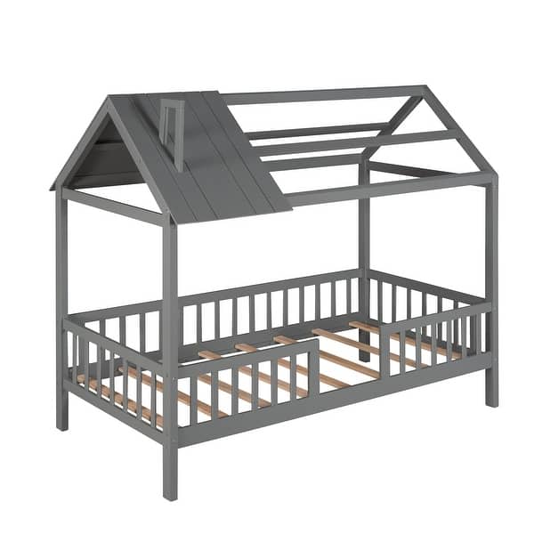 slide 2 of 23, Twin Playhouse Bed with Semi-Enclosed Design & Rails Gray