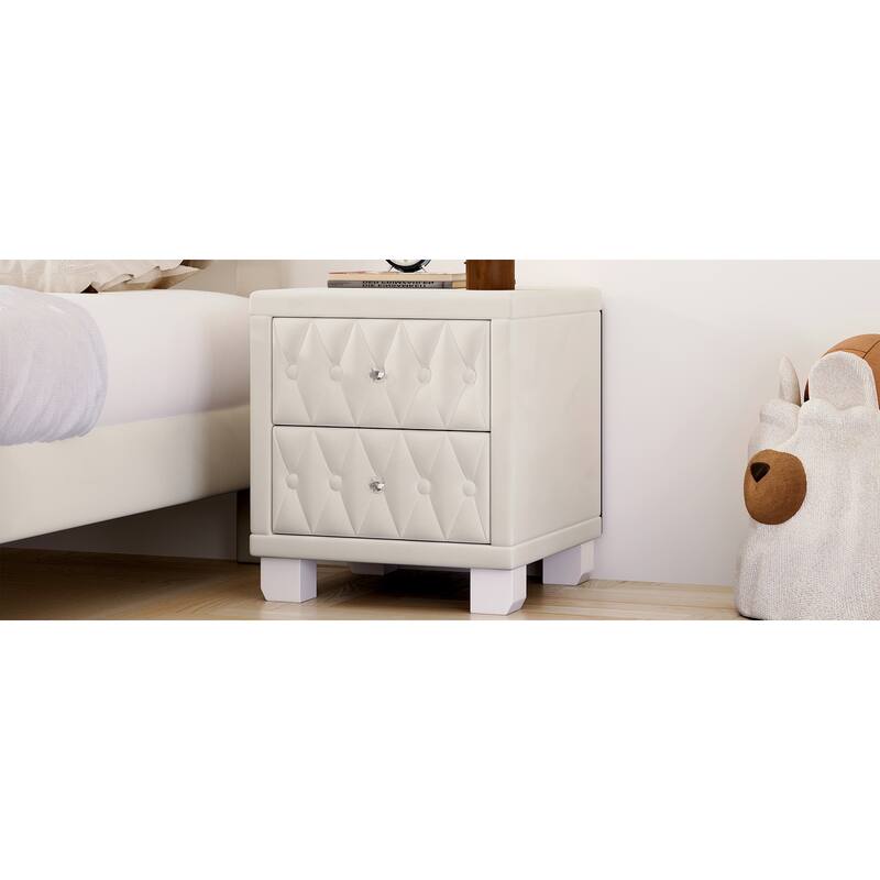 Elegant Velvet 2-Drawer Nightstand with Crystal Handles - Button-Tufted Storage Bedside Table (Beige)