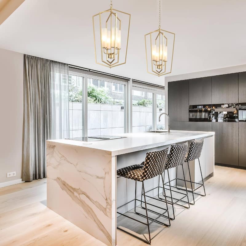 Modern Gold 4-Light Lantern Chandelier Geometric Glass Pendant Light Fixture for Kitchen Dining Room - 16.5"Dx27"H