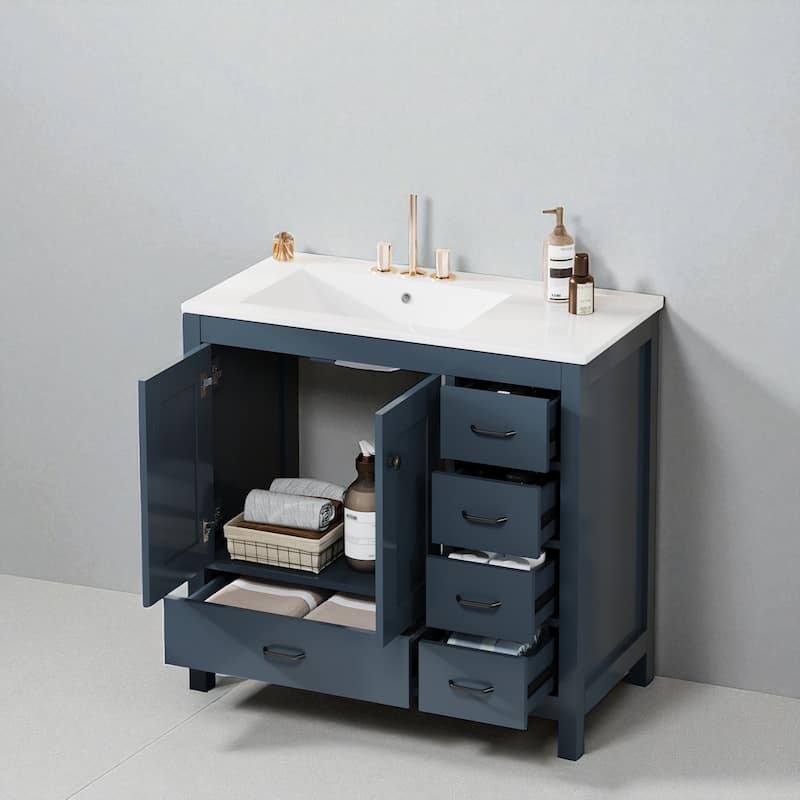 36" Bathroom Vanity with Ceramic Sink, Freestanding Cabinet with 2 Soft Close Doors and 5 Drawers, Solid Wood Frame