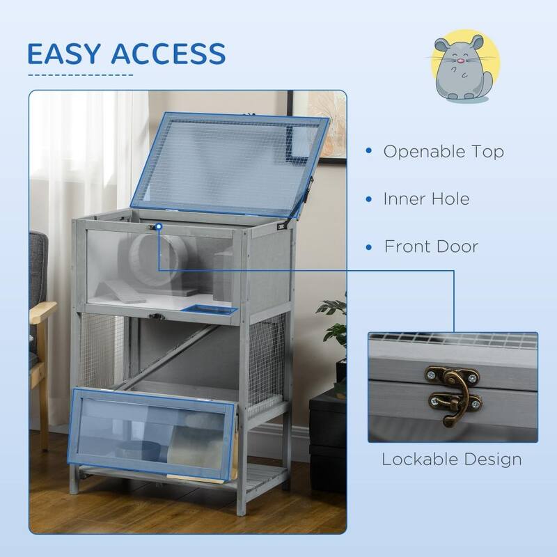 Grey Hamster Cage with Plexiglass Window and Running Wheel Ladder Ramp and Toys - 23.5" L x 15.75" W x 35.5" H