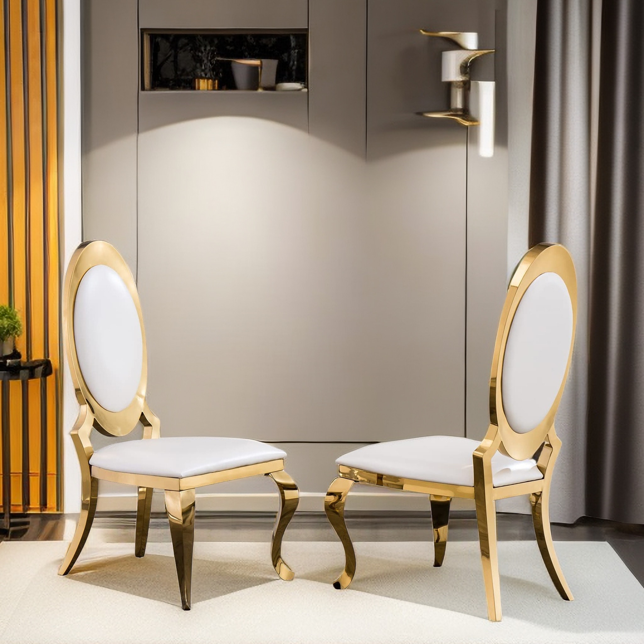 Luxury White PU Leather Dining Chairs with Polished Gold Cabriole Legs