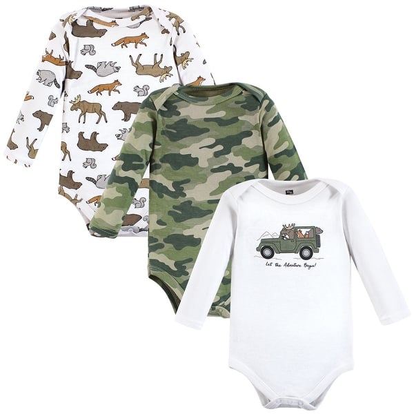 slide 1 of 1, Hudson Baby Infant Boy Cotton Long-Sleeve Bodysuits, Animal Adventure 3-Pack 0-3 Months - Animal Adventure 3-Pack
