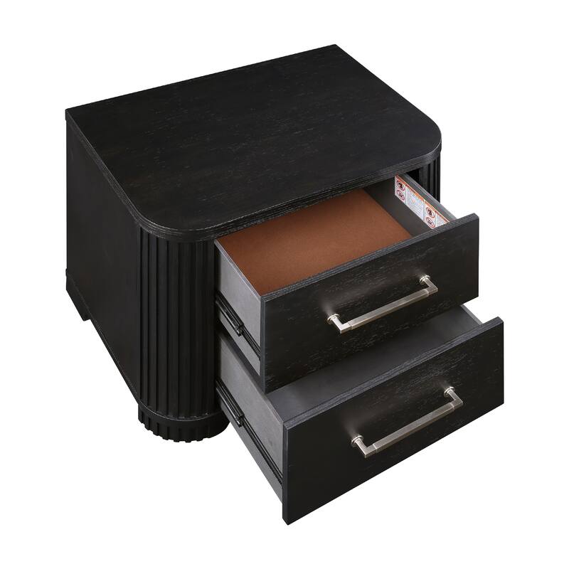 Chas Nightstand, 2 Drawers Brass Bar Handles, Charcoal Black Wood