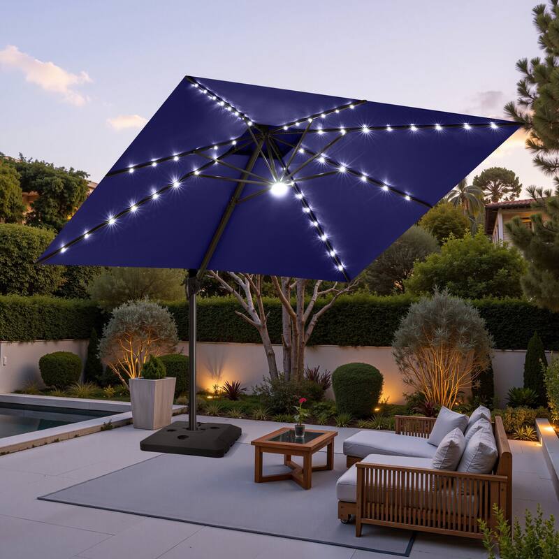 11 FT Aluminum Solar-Powered LED Light Patio Cantilever Umbrella with Base - Navy Blue