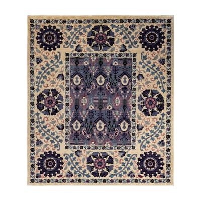 Overton Hand Knotted Wool Vintage Inspired Modern Contemporary Suzani Ivory Area Rug - 8' 1" x 9' 4"