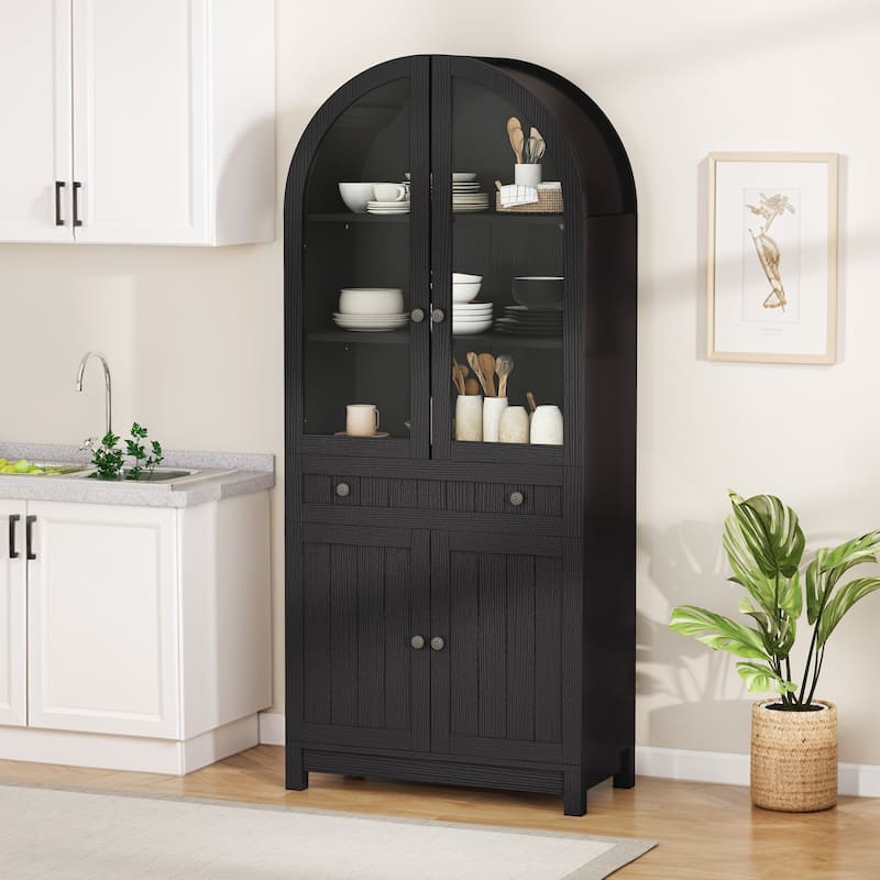 71 Inch Tall Farmhouse Arched Pantry Cabinet with Large Drawers and Adjustable Shelves for Kitchen Storage Organization - Black