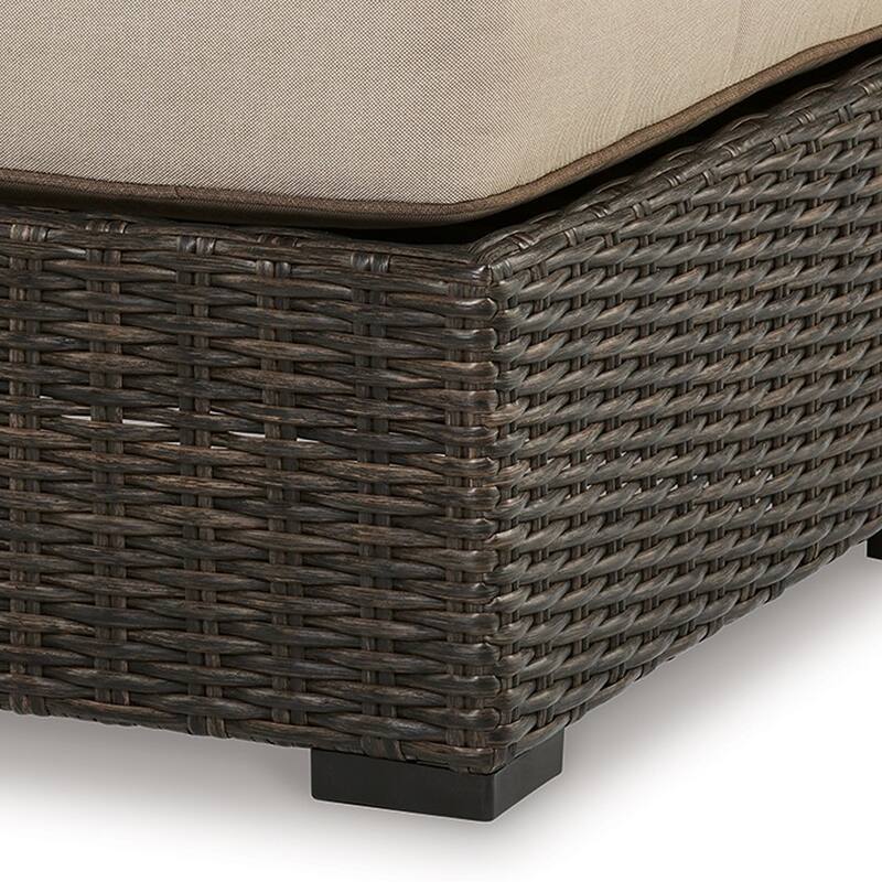 Waga 29 Inch Outdoor Ottoman, Cushioned Seat, Resin Wicker, Brown, Beige
