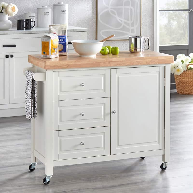 Copper Grove Macaulay Natural Rubberwood Rolling Kitchen Island Cart - White