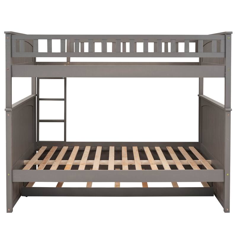 Full Over Full Bunk Bed with Twin Size Trundle, Pine Wood Bunk Bed with Guardrails, Brushed Gray
