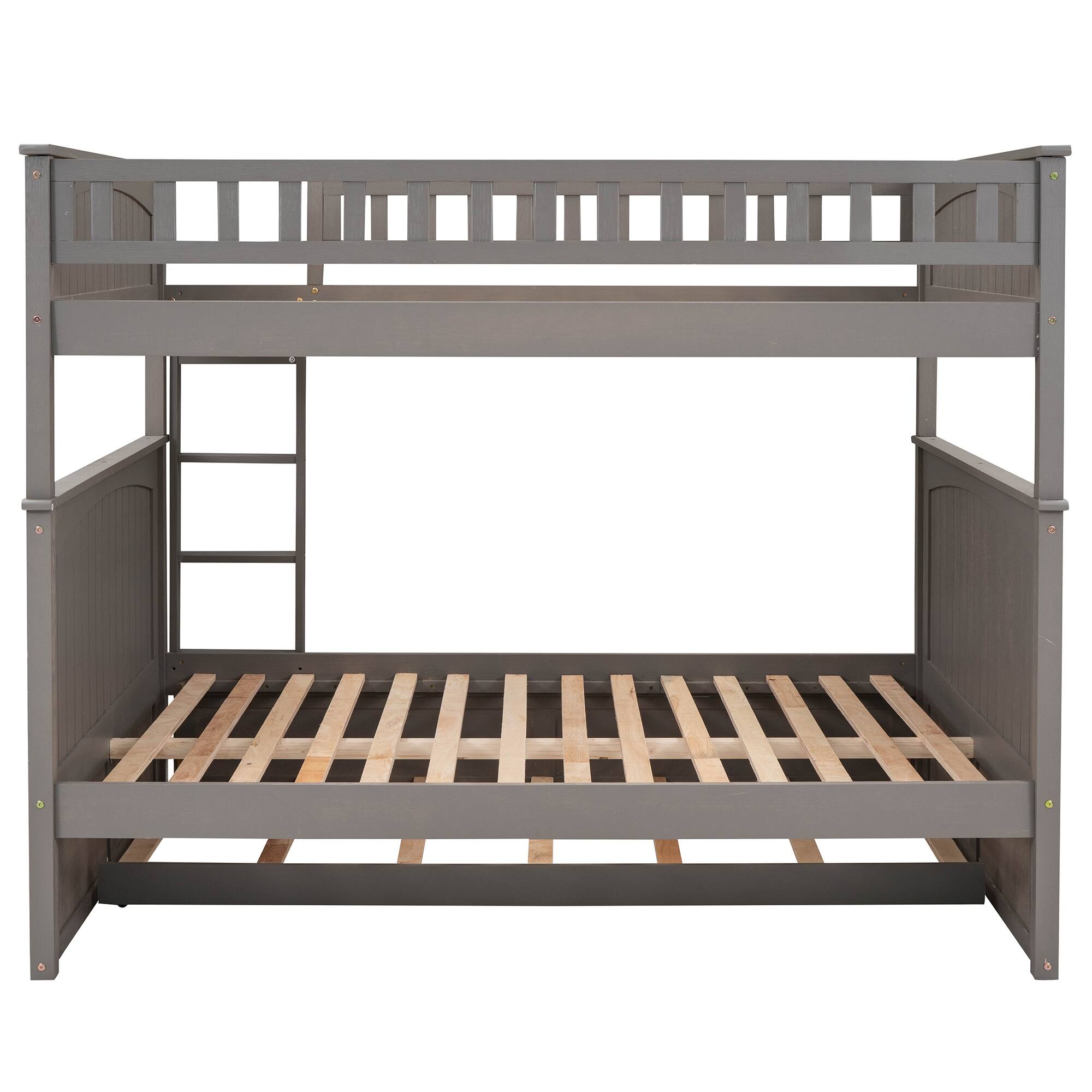 Full Over Full Pine Wood Bunk Bed with Twin Size Trundle, Guardrails