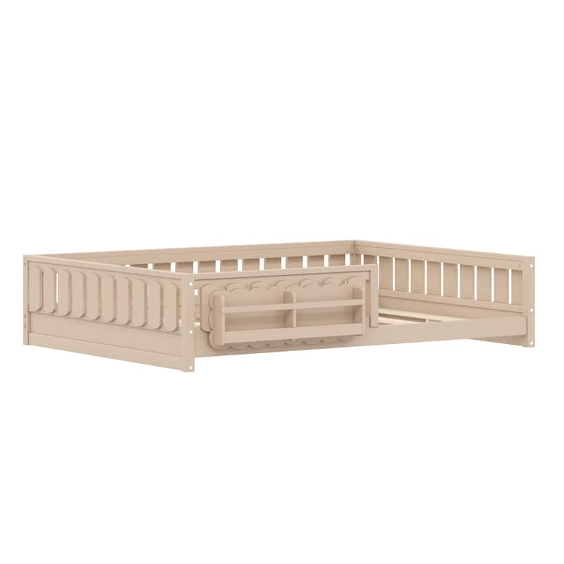 Kid Wood Platform Storage Bed Montessori Toddler Floor Bed Children Daybed with Guardrail and Side Creativity Storage Shelves