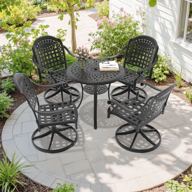 5-Piece Aluminum Round Outdoor Patio Dining Set, 4 Cushioned Swivel Chairs, Table, All-Weather Frames