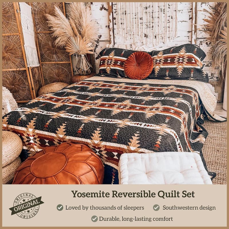 Paseo Road Yosemite Southwestern Aztec Bedding 3 Piece Reversible Quilt Set with Pillow Shams