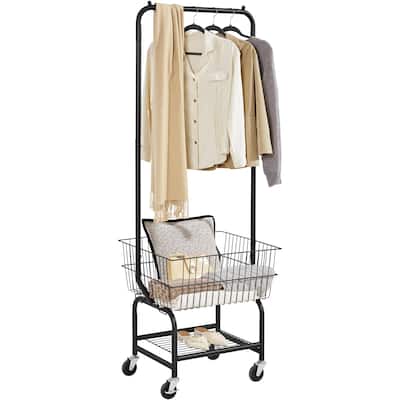 Laundry Cart with Wheels, Rolling Laundry Basket with Hanging Rack, Commercial Laundry Hamper, Black Laundry Organizer