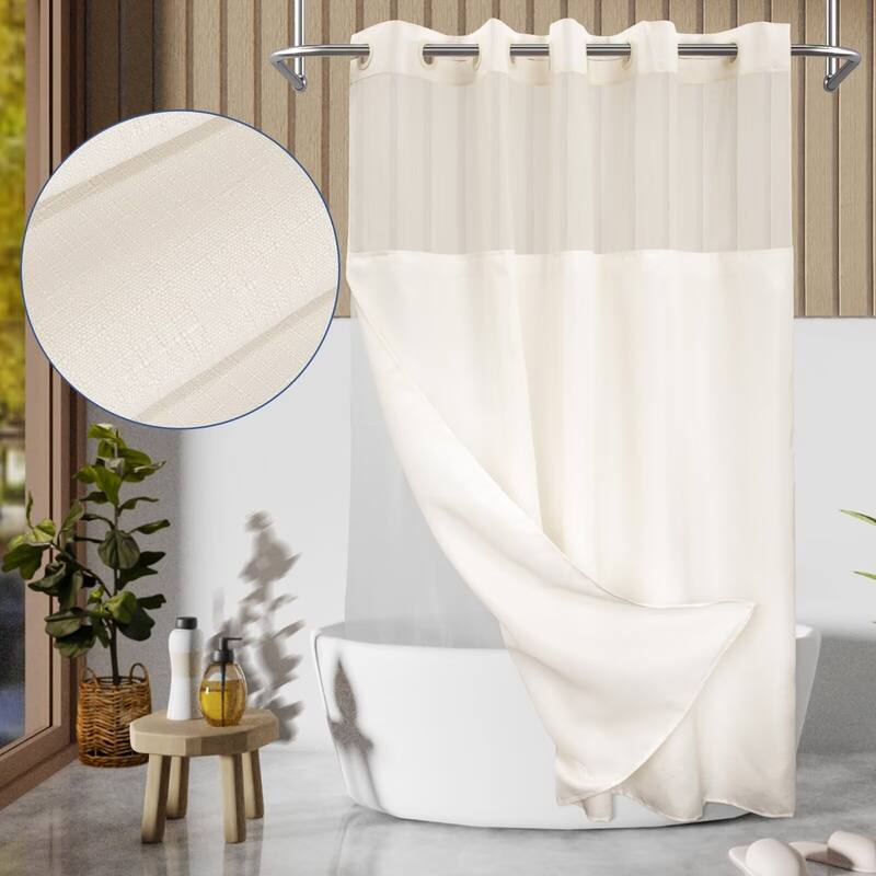 No Hook Slub Linen Texture Shower Curtain with PEVA Snap-in Liner - 71"W x 74"L - Cream