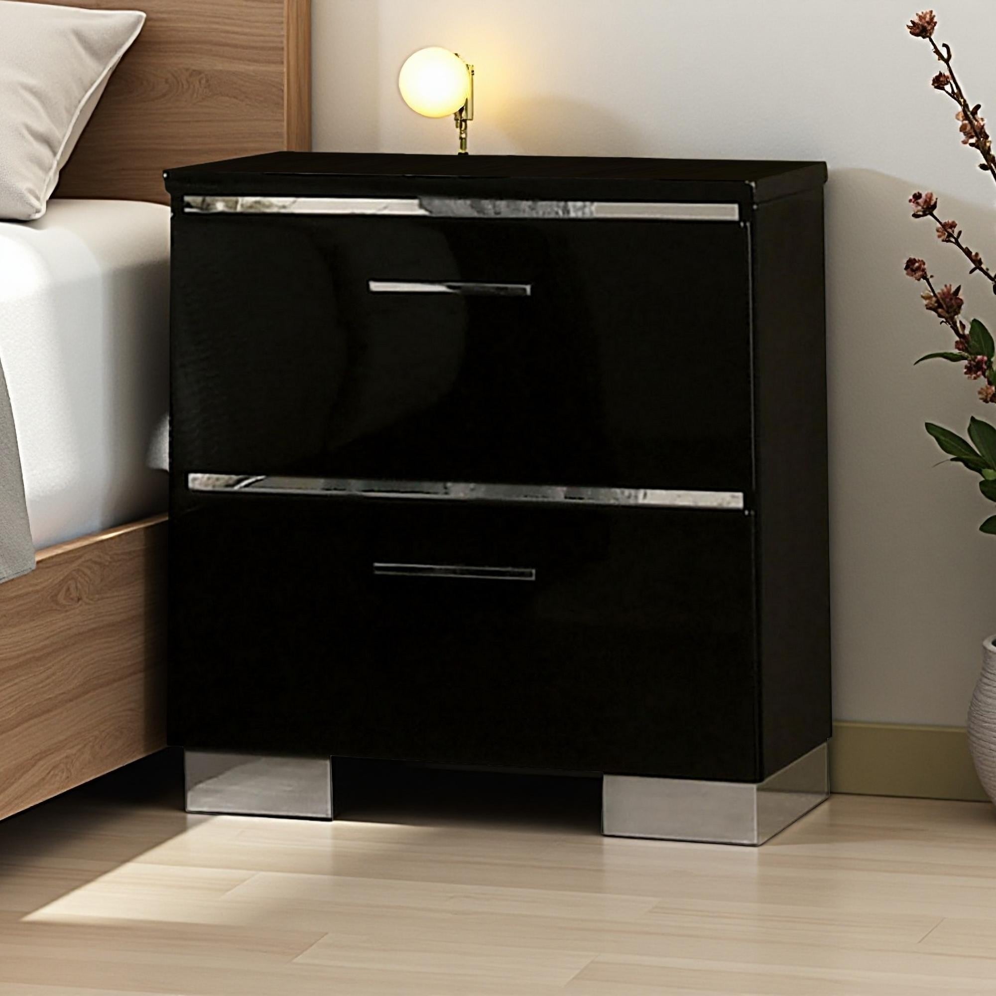 23.25"L Two-Drawer Nightstand with Gloss Finish, USB Charger, Chrome Accents, and Contemporary Design