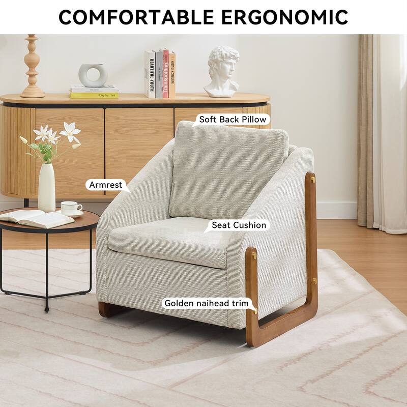 Chenille Fabric Modern Armchair with Wooden Side Frame, Cushioned Seat and Backrest, and Golden Nailhead Trim