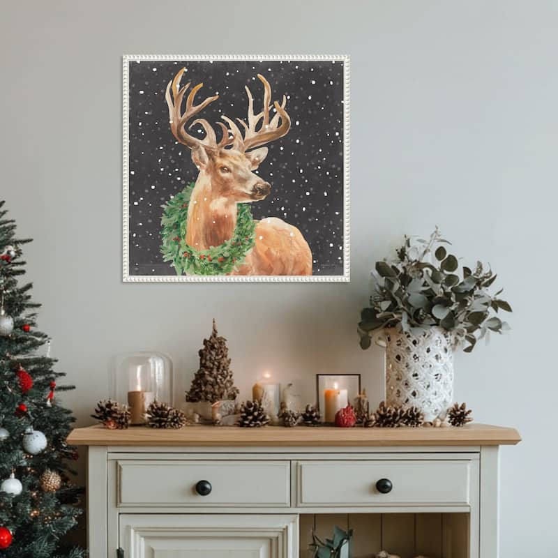 Woodland Holidays Stag Black by Danhui Nai (22 x 22 in.), Framed Canvas Wall Art Print - Sylvie Beaded White