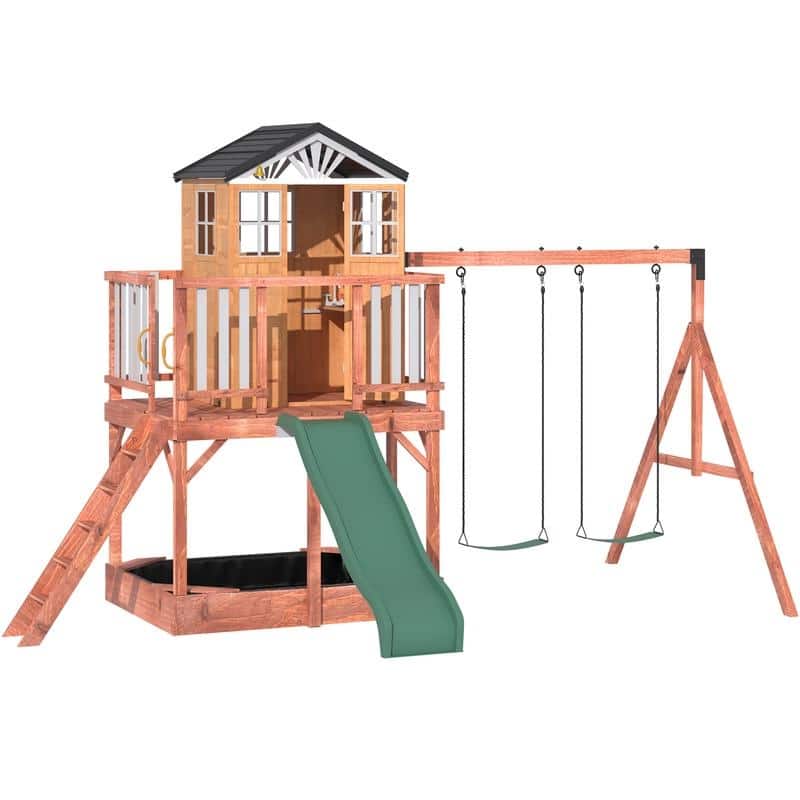 Kids Outdoor Wooden Swing Set with Elevated Playhouse, Wave Slide, Belt Swings and Sandbox - Natural Wood