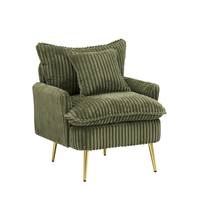 Corduroy Single Sofa Chair, Ergonomic Lounge Reading Chair, Upholstered Decorative Chair with Pillow & Metal Legs