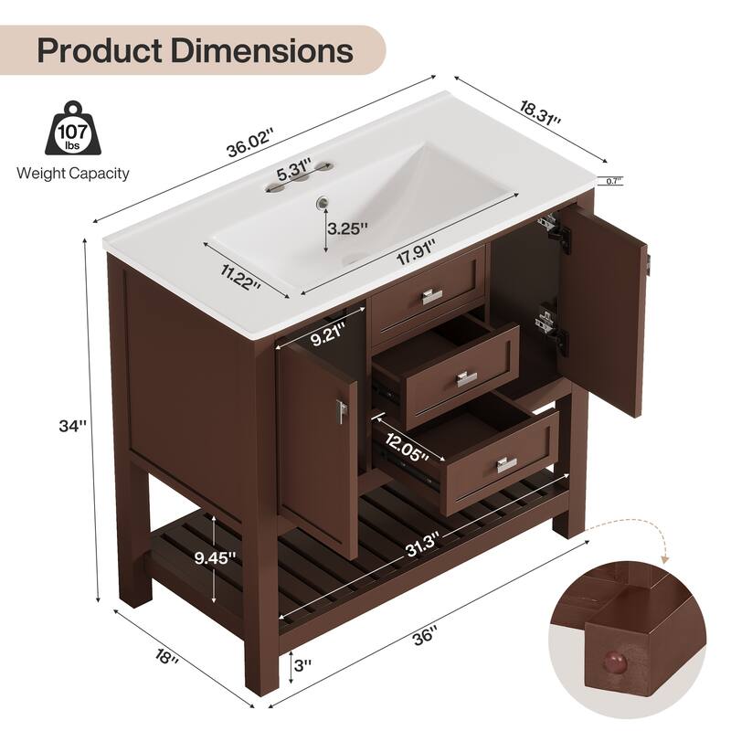 35.4 Inches Single Bathroom Vanity with Ceramic Sink Top, 3 Drawers & 2 Cabinets