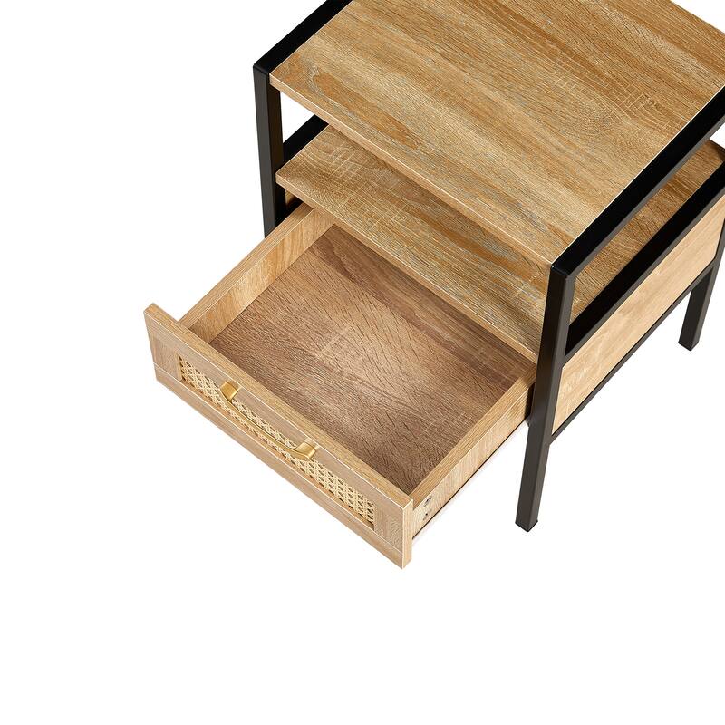 Modern Natural Rattan Wooden Nightstand/End Table/Side Table with Drawer(Set of 2)
