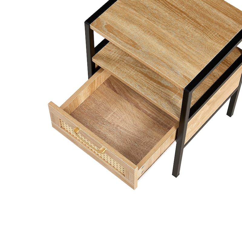 Rattan End table with drawer, Modern nightstand, metal legs,side table for living room, bedroom,white