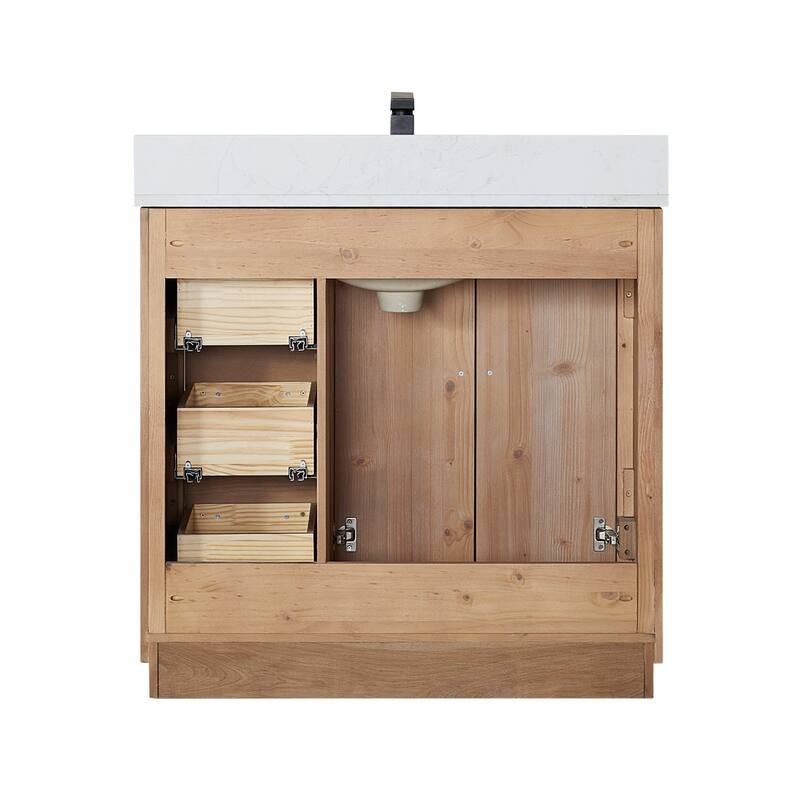Anais 3Single Bathroom Vanity in Light Brown with Grain White Engineered Stone Countertop without Mirror