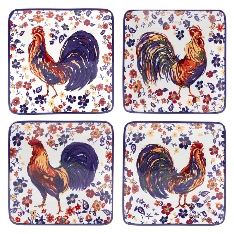 Certified International Morning Rooster Set of 4 Canape Plates - 6" x 6" x .75"