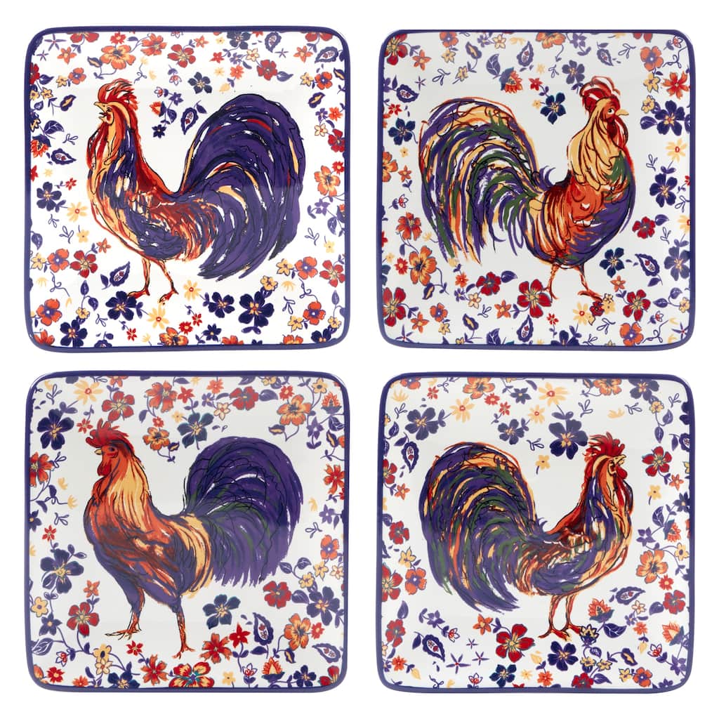 Certified International Morning Rooster Set of 4 Canape Plates - 6" x 6" x .75"