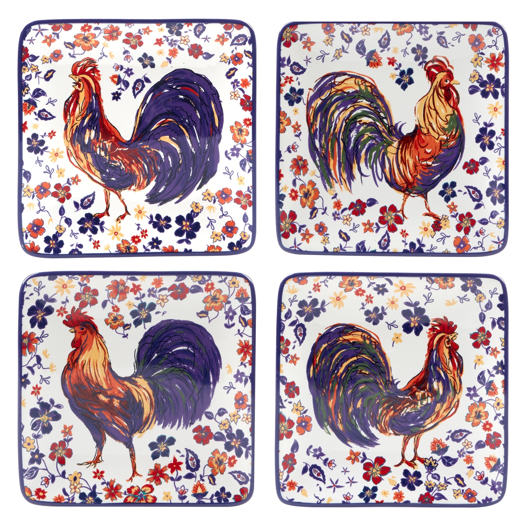 Certified International Morning Rooster Set of 4 Canape Plates - 6" x 6" x .75"