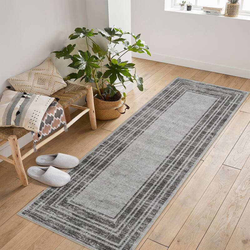 Washable Area Rugs for Living Room, Soft Modern Bordered Rug Non Slip Low Profile Carpets for Bedroom Dining Room