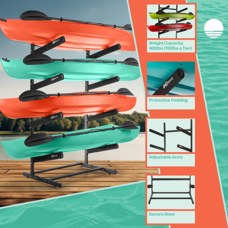 Kayak Storage Rack - 3-4 Level Freestanding Adjustable Stand with Padded Arms and 300 - 400lbs Capacity for Canoes by Rad Sportz