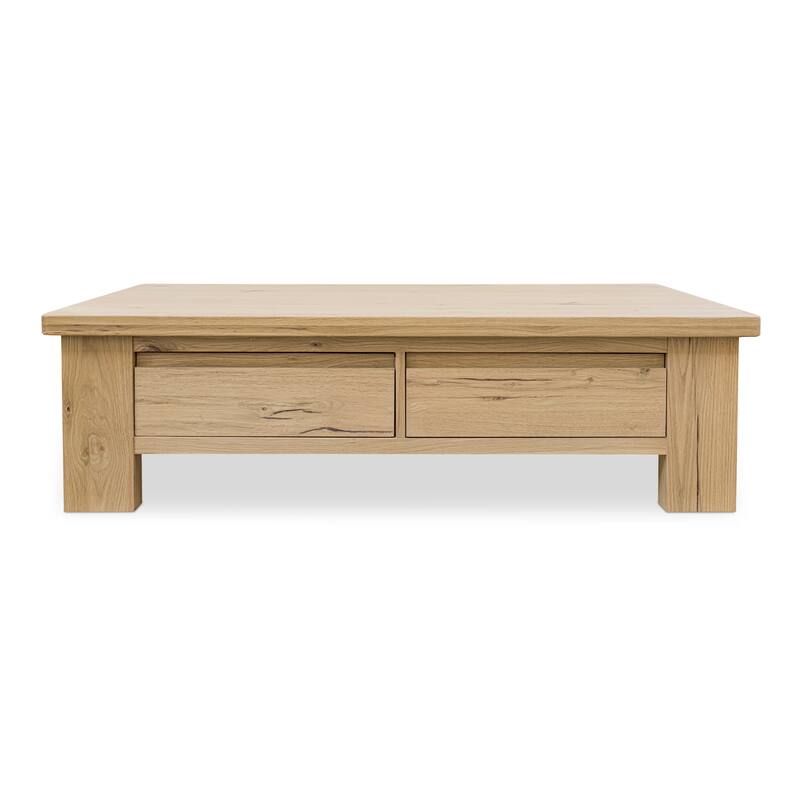 NADAAL STUDIOS Mareth Coffee Table, Rectangular Rustic Oak Top with Rounded Edge, Solid Oak Legs Dual-Sided Drawers, Natural - Veneer - Rustic Oak