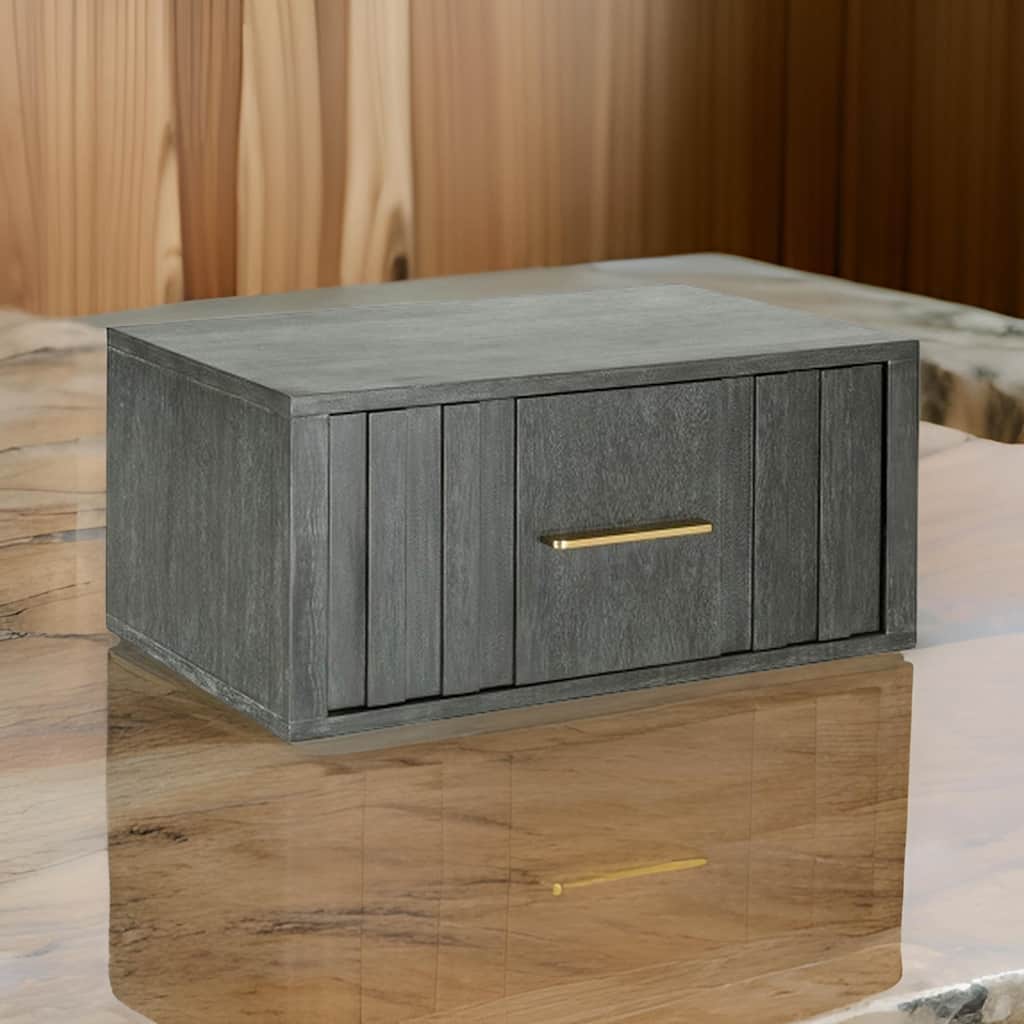 Cid Lime 27 Inch Nightstand, 1 Drawer, Brass Handles, Acacia Wood, Gray