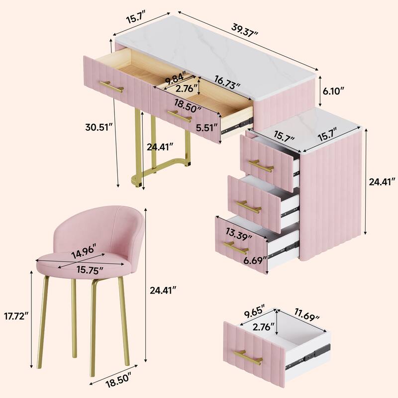 Velvet Upholstered Makeup Vanity Desk with 5 Storage Drawers, Marble-Look Sticker Top Dressing Table and Padded Makeup Chair Set