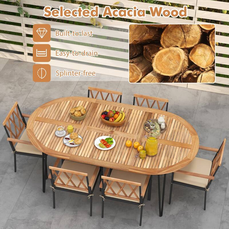 Gymax 9 PCS Patio Dining Set Table w/ Acacia Wood Top & Umbrella Hole