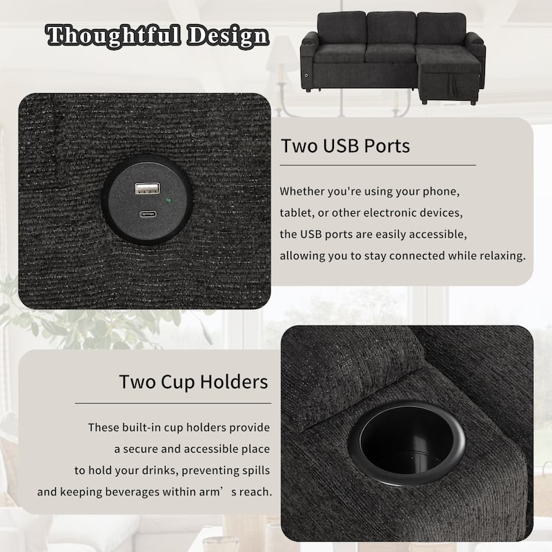 83.5" L-Shaped Convertible Sectional Sofa Bed with Storage Chaise Cup Holders USB Ports Chenille Couch for Living Room