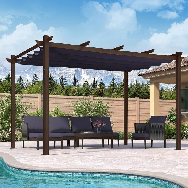 PURPLE LEAF Outdoor Retractable Bronze Metal Pergola w Canopy for Beach Deck Gazebo