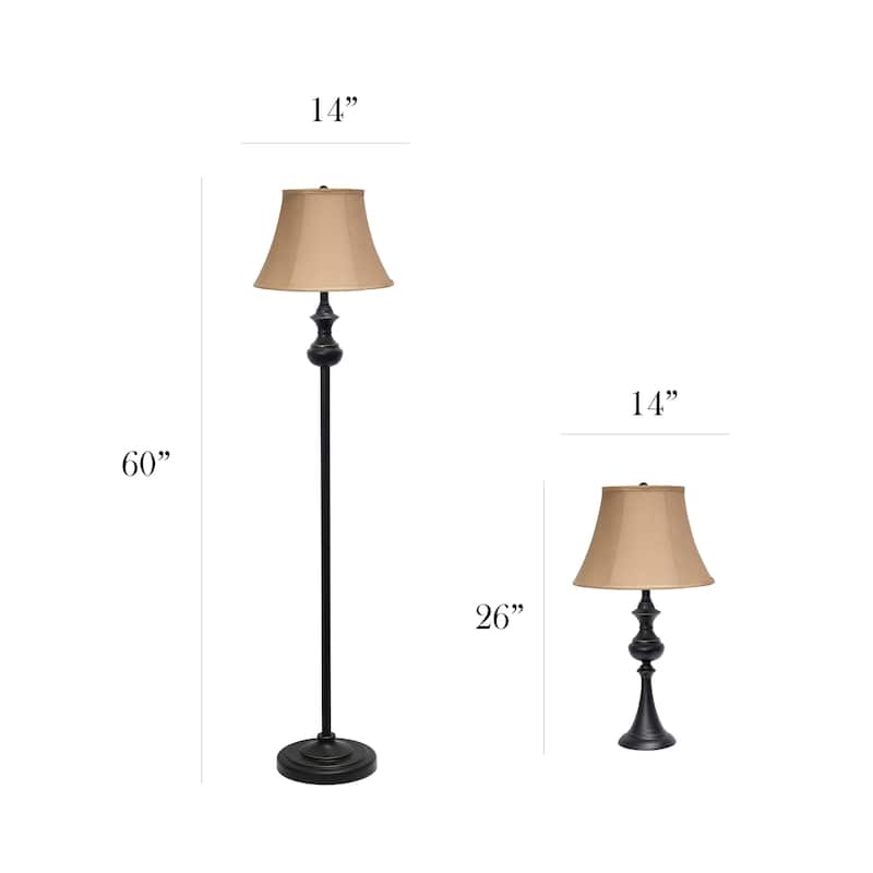 Elegant Designs Traditionally Crafted 3 Pack Lamp Set (2 Table Lamps, 1 Floor Lamp) with Tan Shades, Restoration Bronze - N/A